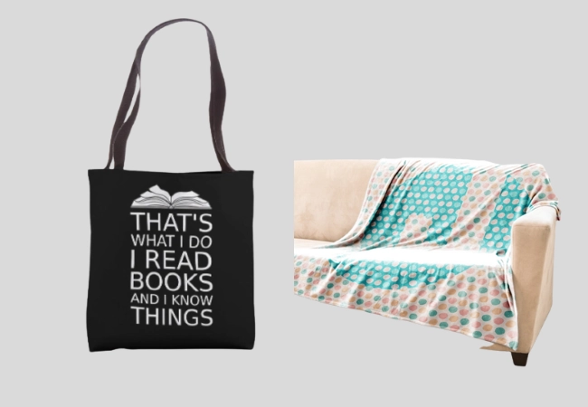 Book-themed tote bag and cozy blanket